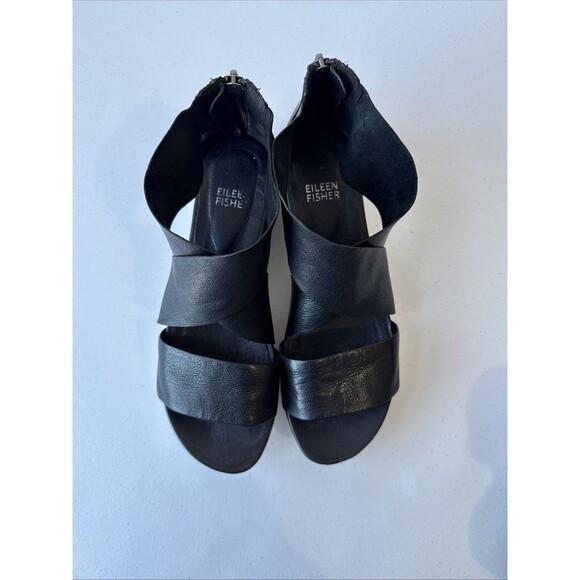 Eileen Fisher Black Sport Tumbled Leather Platform Sandals Women's Size 7 - Picture 3 of 12